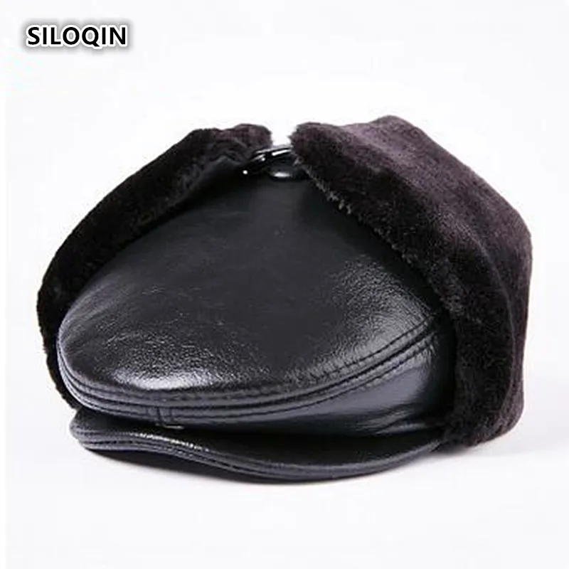 

SILOQIN Autumn Winter Genuine Leather Hat Men's Velvet Warm Bomber Hats With Earmuffs New Cowhide Leather Solid Color Tongue Cap