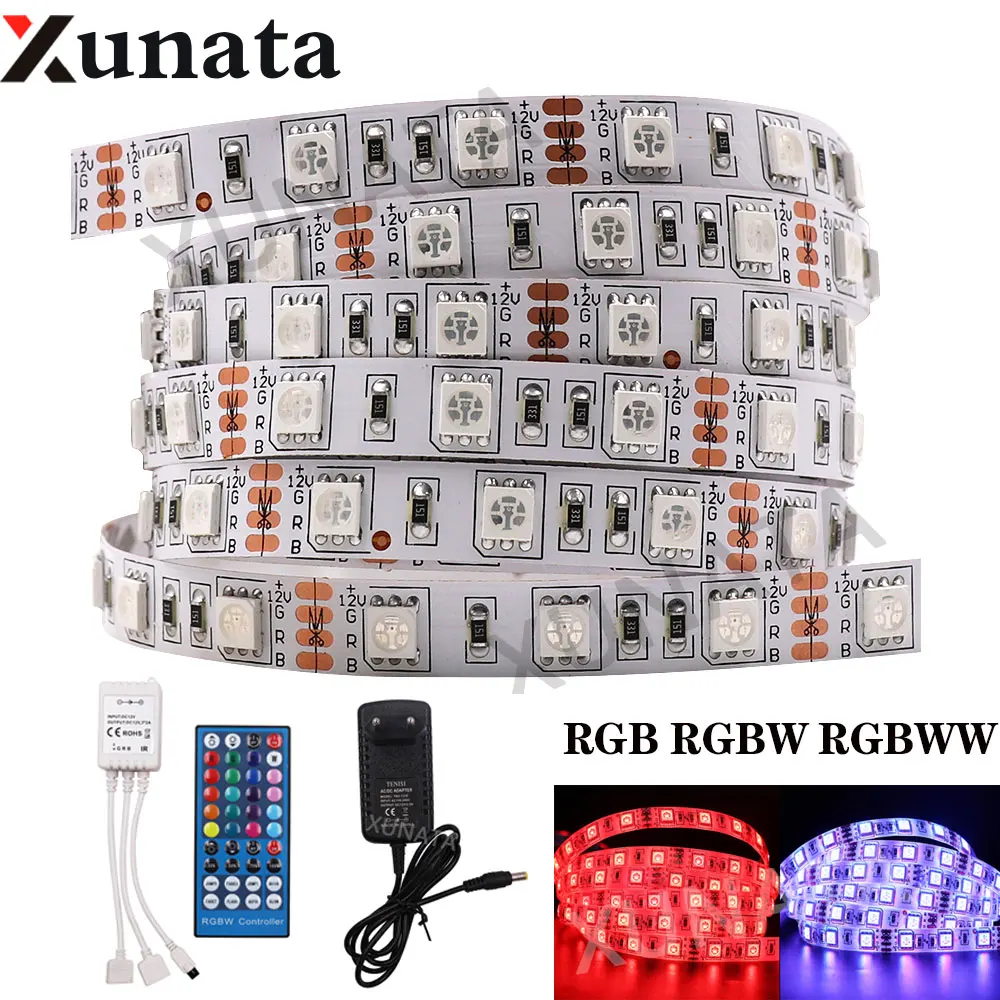 

RGB RGBW RGBWW LED Strip Light DC12V 5050 60Leds/m Led Rope Tape IP65 Waterproof Ribbon With 40/44 Key IR controller+12V EU Plug
