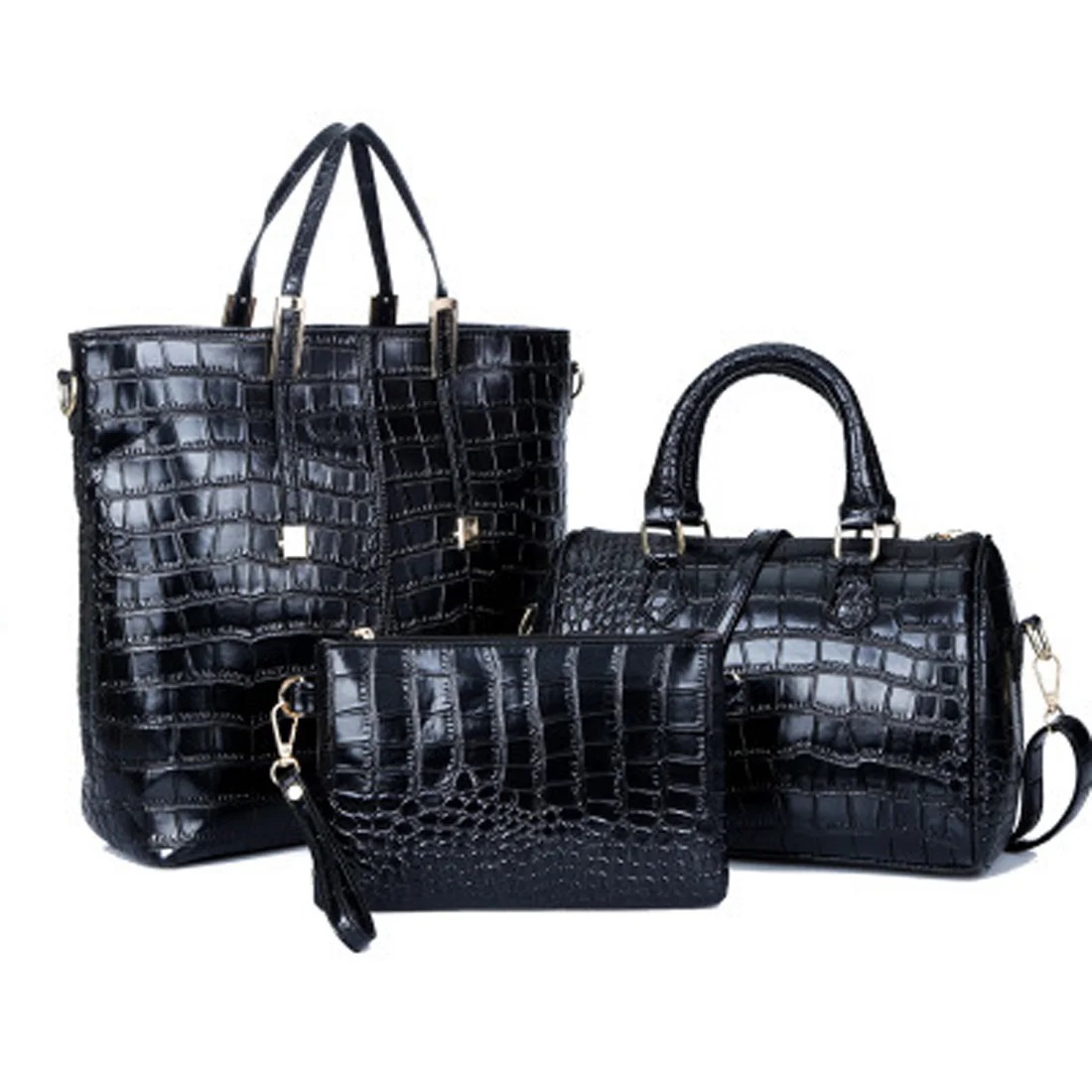 

3Pcs Alligator Crocodile pattern Women Leather Handbags Famous Brand Women Shoulder Bags Ladies tote bags Purse Clutch Bag gold