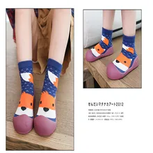 Детские цветные полосатые носки с рисунками животных на мягкой подошве, носки для малышей, носки в полоску, вязаные Резиновые Нескользящие Детские изделия противоскользящие для малышей, Носки
