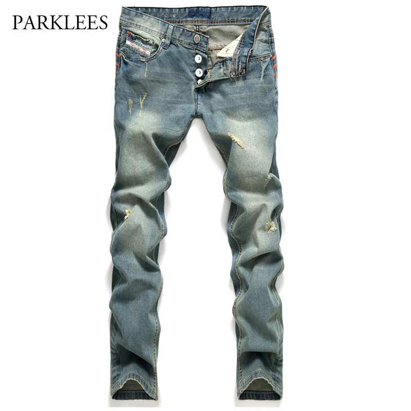 New Washed Cotton Jeans Men Jeans Homme 2017 Fashion Button Design Ripped Skinny Jeans Casual 