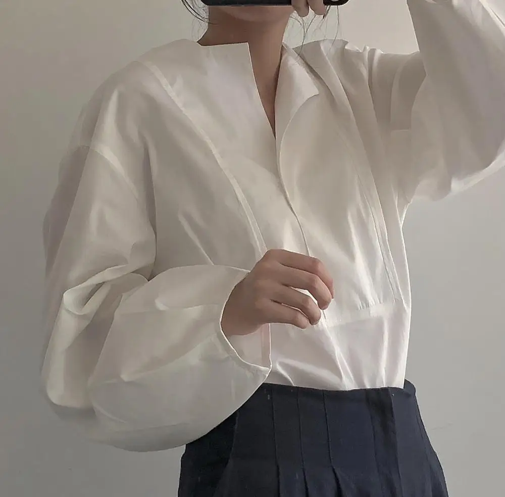 2019 Spring Korean Style Vintage Long Sleeve Woman Shirts Pullover Loose Short Shirt White Blouse Blusas Mujer De Moda | Женская одежда