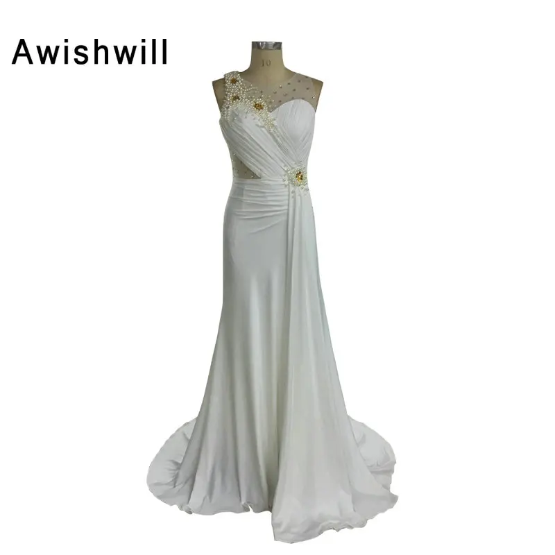 Real Photo See Through Back Beads Pearls Chiffon font b Robe b font Soiree Longue font