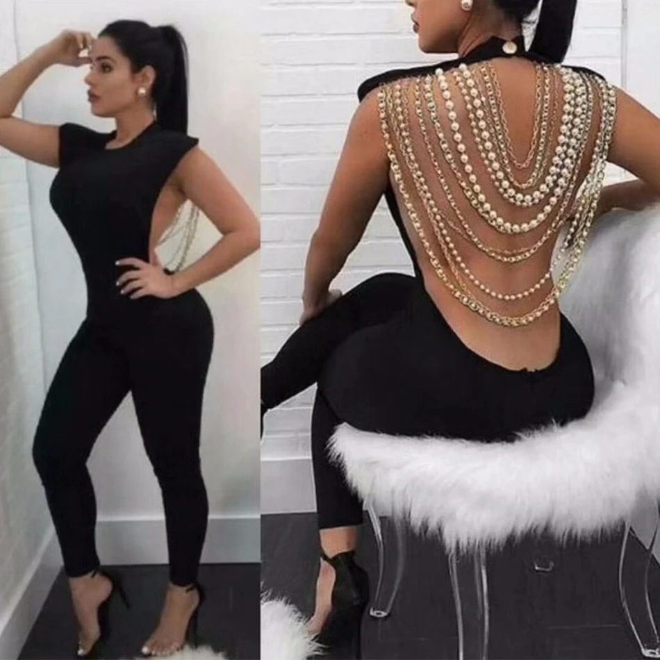 Женский комбинезон с открытой спиной DressBird черный белый без рукавов одним