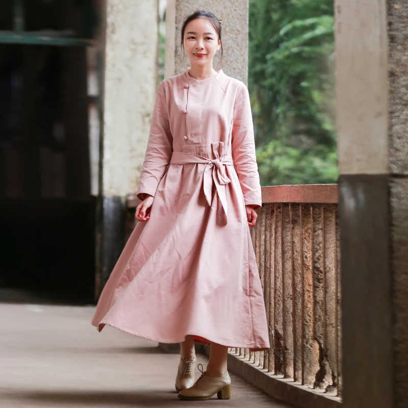 LZJN Women 2019 New Spring Autumn Dress Bow Tie Elegant Long Sleeve Cotton Vintage Maxi Dresses Chic Robe Casual Vestidos Mujer (12)