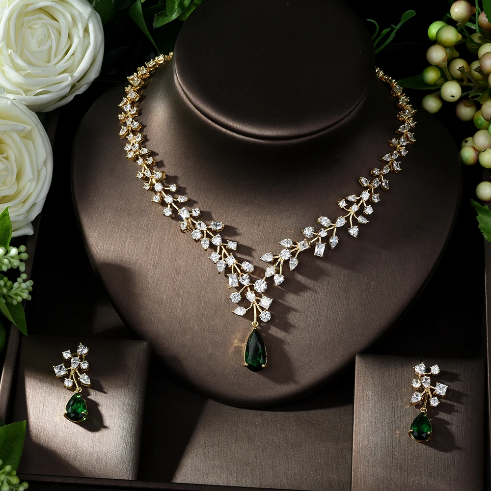 HIBRIDE Charm Green Water Drop Dubai Jewelry Sets Gold Color Wedding Necklace Earrings Sets Bijoux bijoux mariage N-1014 - Image 2
