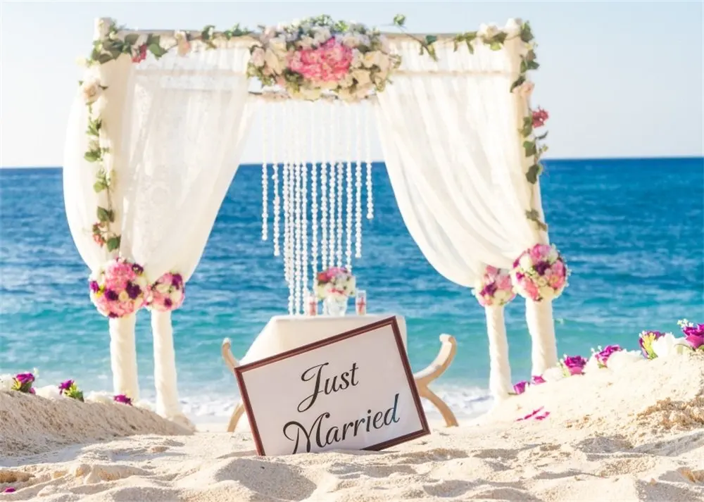 

Wedding Ceremony Backdrop Just Married Seaside Sand Beach Backdrops for Photography