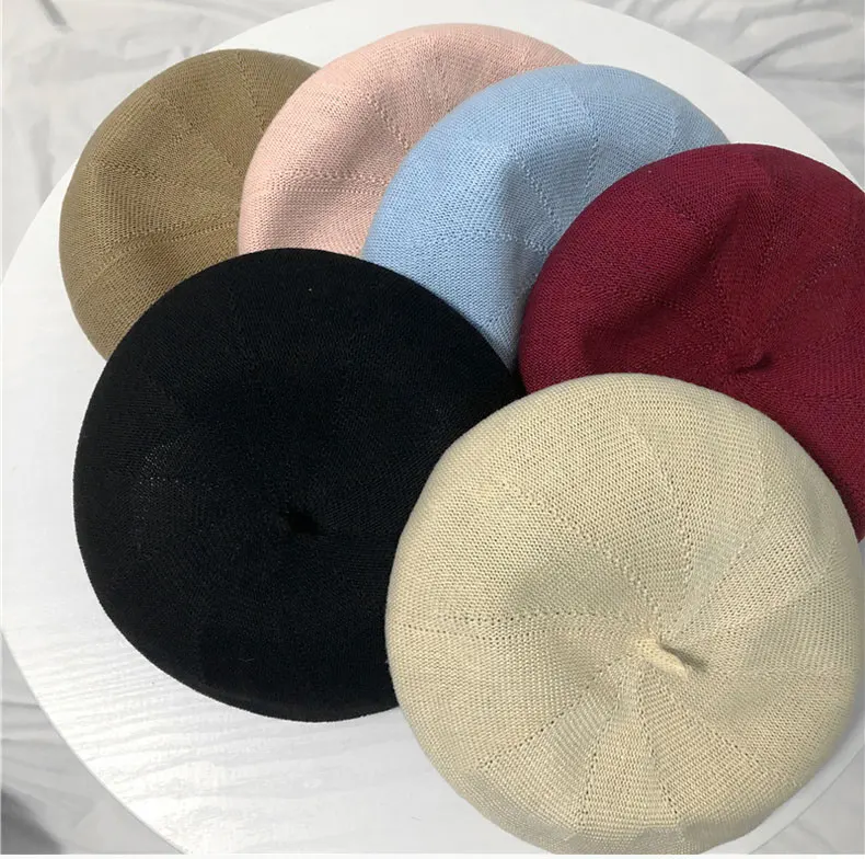 

Lady Spring Summer Berets Hat Painter style hat Women Knitted Vintage Berets Solid Color Caps Female Bonnet Warm Walking Cap