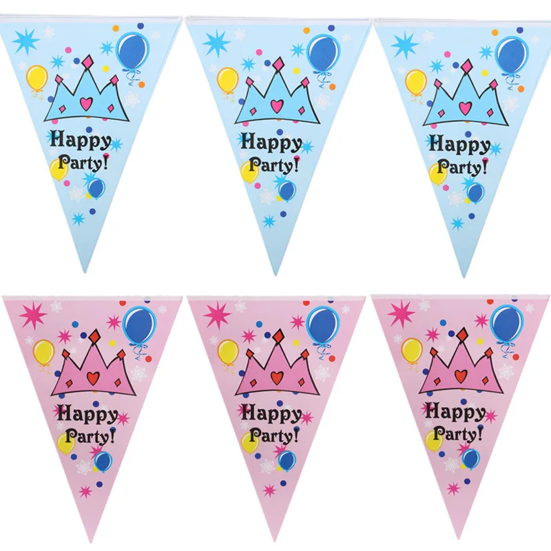 Happy Party Pulling Flag Banners Crown Balloons Party Hanging Flags Blue Pink For Baby Kids Birthday Children