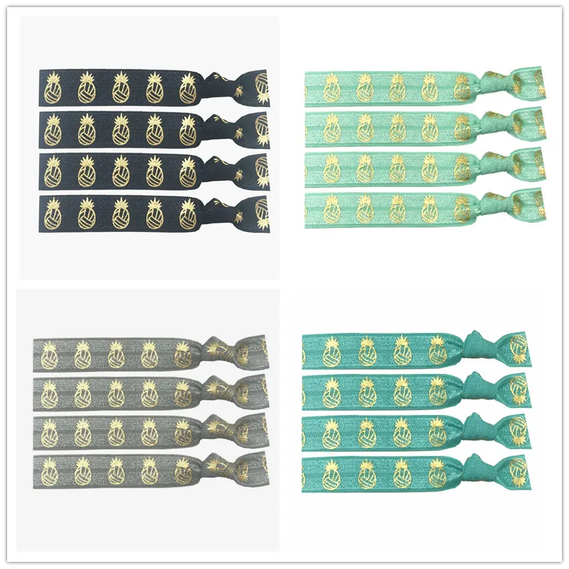 

4 Colors 40pcs 5/8" Pineapple Volleyball Gold Foil Print Hair Band Hair Tie FOE Elastic Band Ponytail Holder Bracelet Wristband