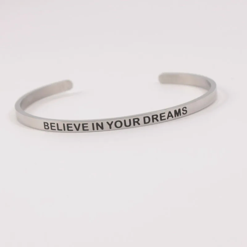 

4MM "BELIEVE IN YOUR DREAMS" Stainless Steel Engraved Positive Inspirational Quote Cuff Mantra Bracelet Initial Engraved Bangle