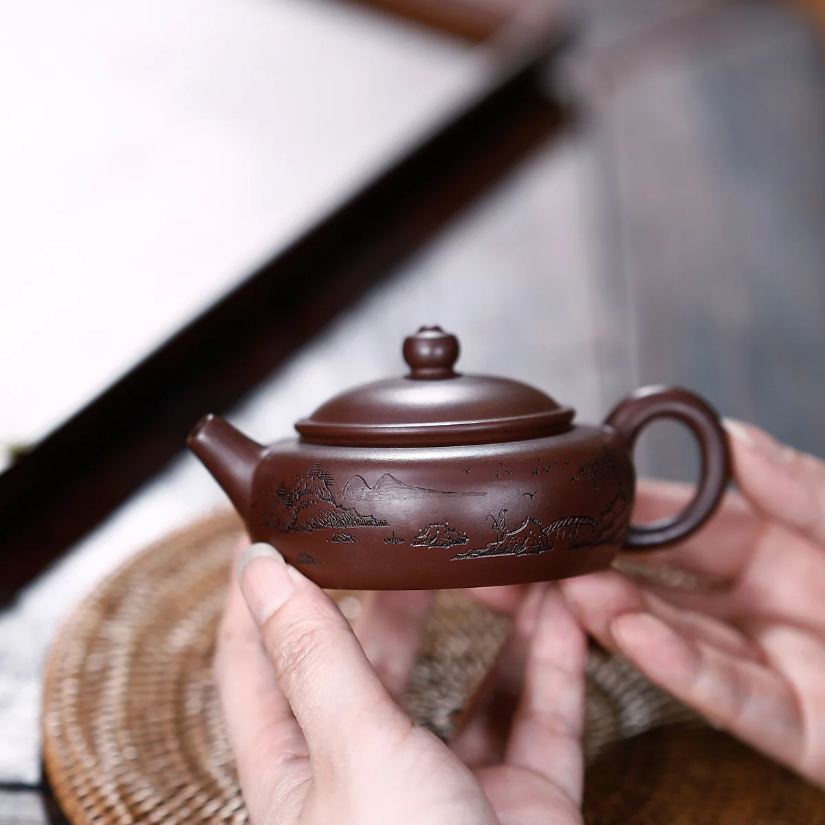 

Yixing Teapot Famous Manual Raw Ore Purple And Zhu Mud Landscape Flat Kettle Kung Fu Tea Have Household Infusion Of Tea Kettle