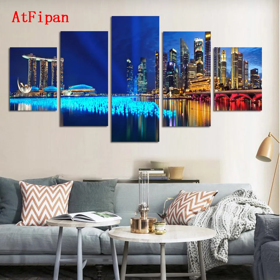 AtFipan Paintings On The Wall HD Home Decor Unframed Art Canvas Modern City Night Cuadros Landscape Painting | Дом и сад