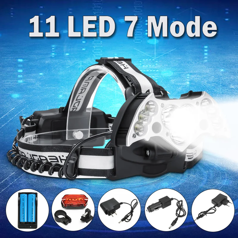 

Smuxi headlamp 120000lm LED 11*t6 headlight 7 modes head light waterproof flashlight zoomable use 18650 for hunting cycling