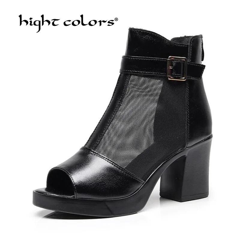 

2019 Elegant Buckle Strap Leather+Mesh Ankle Boots Women Summer Platform Block High Heels Sexy Peep Toe Metal Decor Lady Shoes