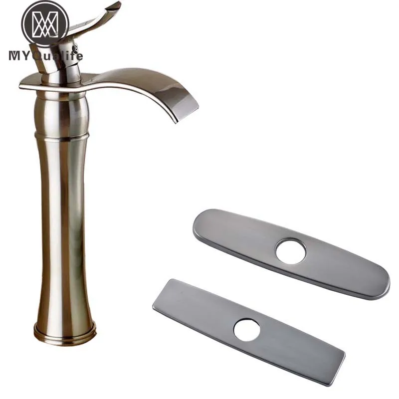 Brushed Nickel Countertop Waterfall Basin Faucet Taps Single Handle Deck Mount Mixer Tap for Bathroom Sink