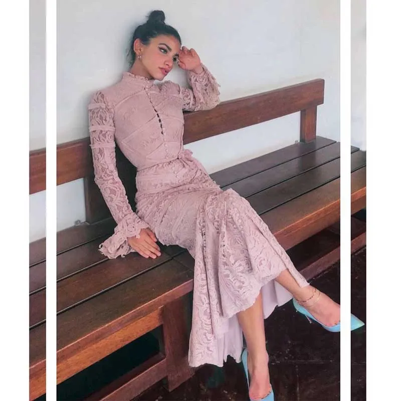 

wholesale 2019 Newest Women Black and pink Lace long sleeves Stylish and elegant Cocktail party Bandage long dress(L2811)