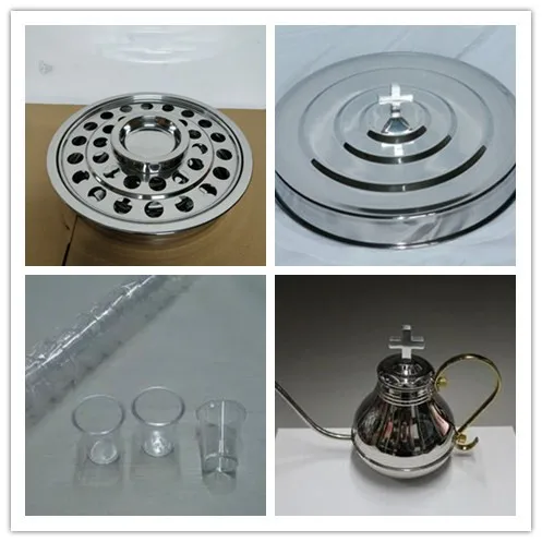 

Hot Design Dishes Stainless Steel Communion Tray with 40 plastic glasses cups and Bread Tray insert flagon set