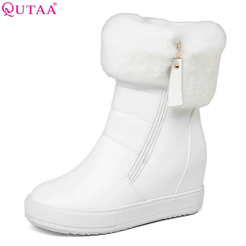 

QUTAA 2018 Women Mid Calf Boots Pu Leather Fashion Winter Snow Boots Platform Round Toe Wedges Heel Women Boots Size 34-40