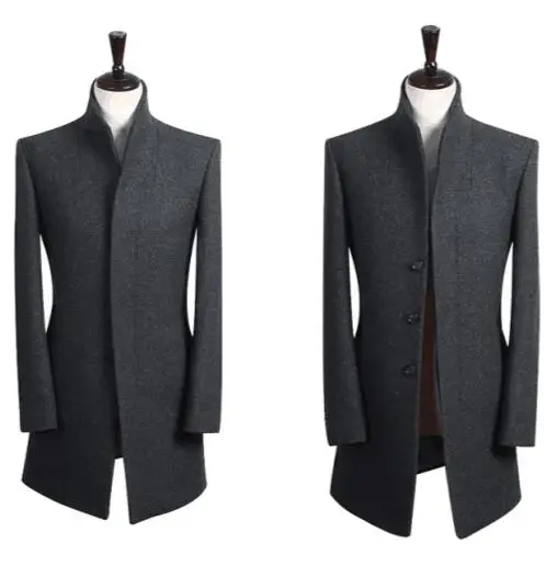 Black grey stand collar casual woolen coat men trench coats overcoat