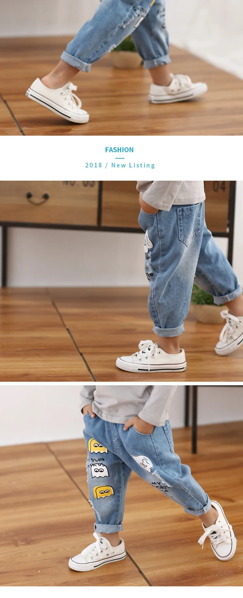 COOTELILI 80-130cm Light Ripped Jeans For Kids Kawaii Cartoon Children Jeans Pants Casual Elastic Waist Trousers For Boys (8)