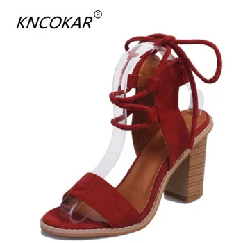 

KNCOKAR New Sexy Women Pumps Open Toe Lace up Heels Sandals Suede cross bandage Thick with Women Shoes women High heels 9 CM
