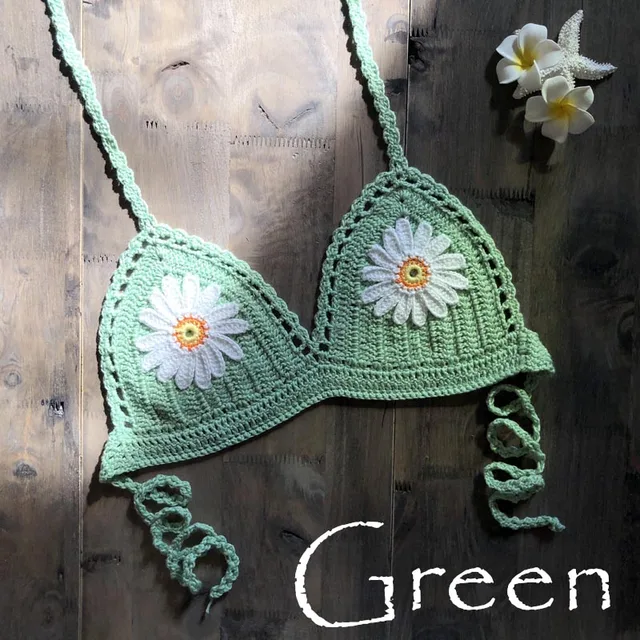 9 Color 2019 Sexy Bikini Top Women's Halter Neck Crop Top V Knit Crochet Cami Summer Fashion Bikini Lace Crochet Hollow Out Bra green