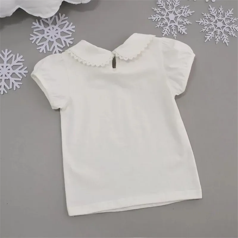 Летняя одежда для маленьких девочек Повседневная футболка принцессы с короткими рукавами и воротником «Питер Пэн» топы, белая хлопковая детская блузка, AA2925