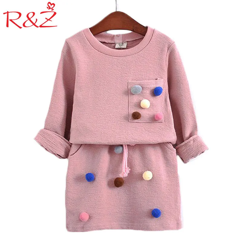 Продажа R  amp; z 2017 Обувь для девочек зимние Костюмы комплект рубашка с длинными рукавами с мячом с юбкой карандаш розовый голубой цвет модная одежда Ком...