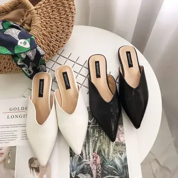 

Shoes Woman Flats Mules Casual Pointed Toe Slippers Leather Slip on Slides Fashion Shallow Loafers Sandalias Mujer Black White