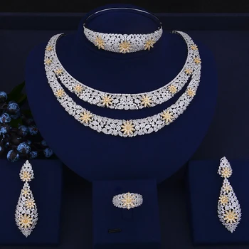 

SISCATHY 4PCS Bridal Wedding Jewelry Sets For Women Luxury Dubai Nigerian CZ Necklace Bangle Drop Earrings Ring Jewelry Sets