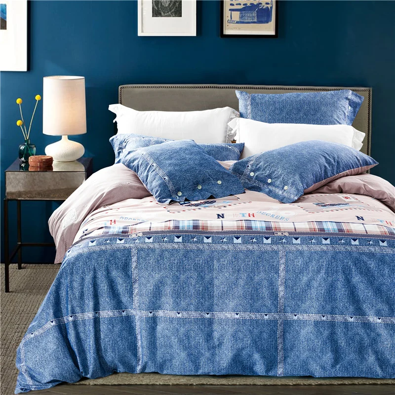 Waliicorners 4pcs 100%Cotton Printed Bedding set Button Duvet Cover set Bedsheet Pillowcases Queen King Size bed linen 68