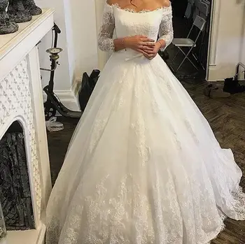

Arabic Vintage Lace Wedding Dresses Long Sleeve A Line Off Shoulder Chapel Train Corset Back Wedding Gowns Bridal Bride Dress