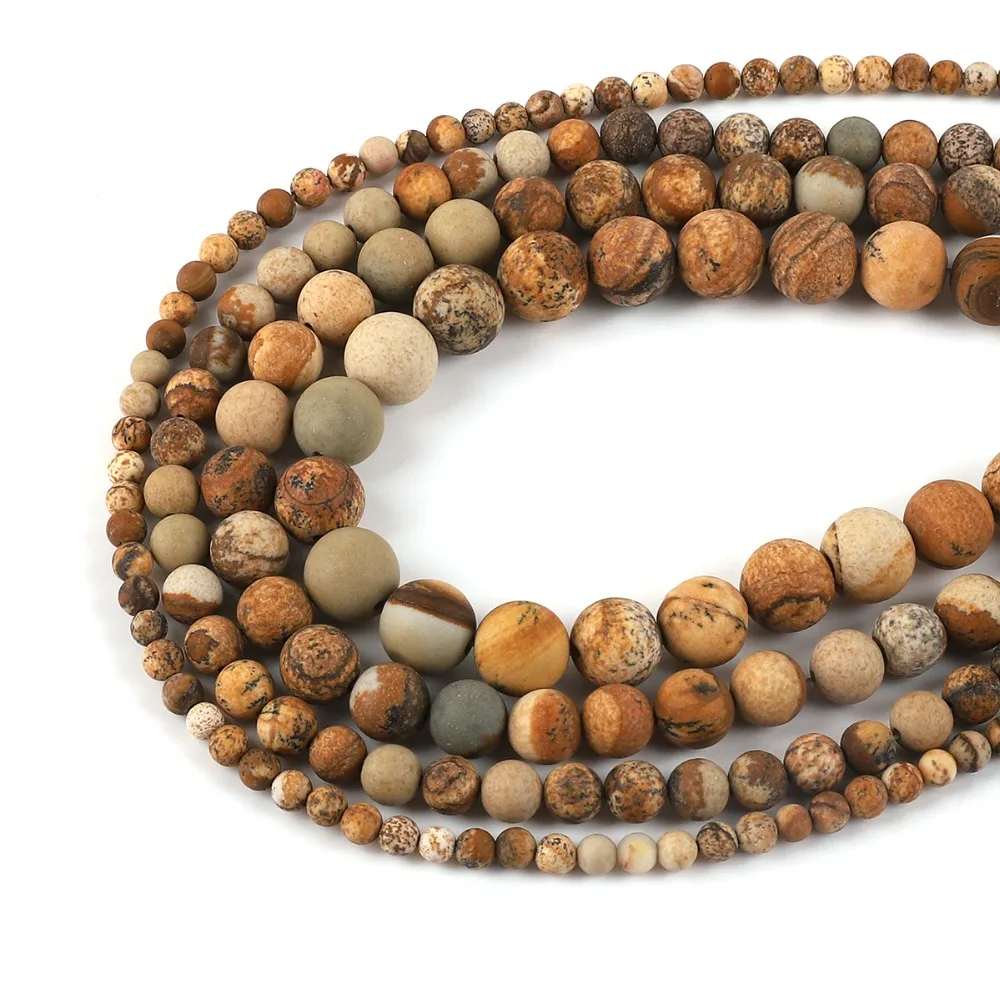 

38-95pcs 4/6/8/10mm Natural Dull Polish Matte Picture Stone Bead For Jewelry Making 15 Inches Natural Stone Beads