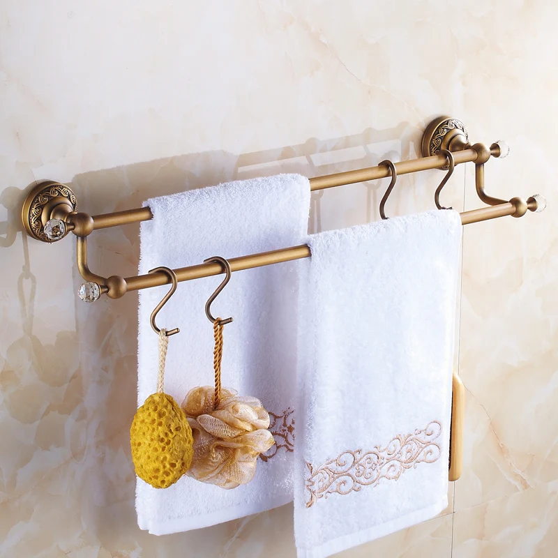 Antique Brass&Crystal Towel Bar Double Layer Towel Racks Brushed Towel