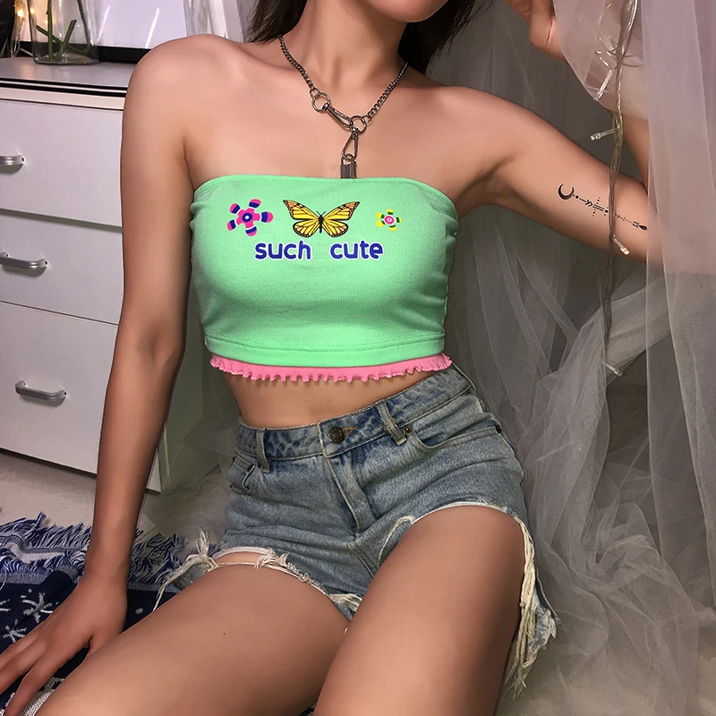 Sweetown Зеленая бабочка с милыми рисунками, короткий топ, бюстгальтер без косточек в стиле пэчворк; цвет РОЗОВЫЙ, Подол Короткие маечки без бретелек Вечерние Топ, летняя праздничная одежда