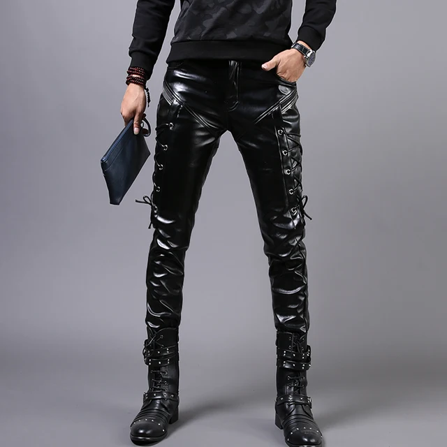 Male Personality leather pants Men's slim thickening white leather pants Men motorcycle trousers