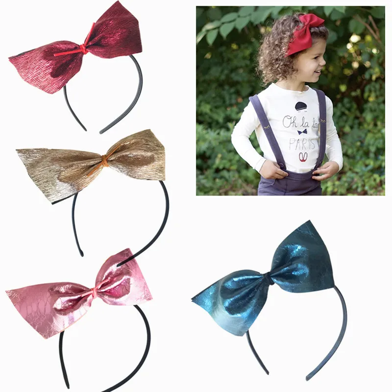 

2018 New 10pcs/lot Fashion Pleated Bowknot Accessory PU Leather Big Bows Headband Kids hair hoop Girl Hair Accessories