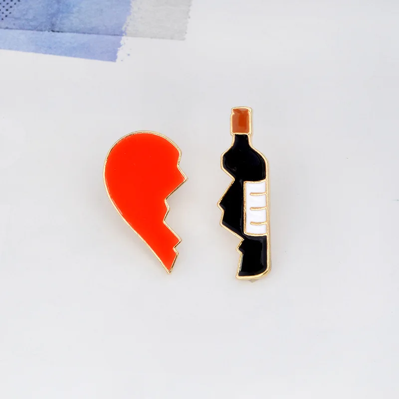

One set Broken Heart Wine Bottle Brooches Metal Enamel Red Black Brooch Pins Denim Jacket Bag Pins Badge Jewelry For Girls Boys