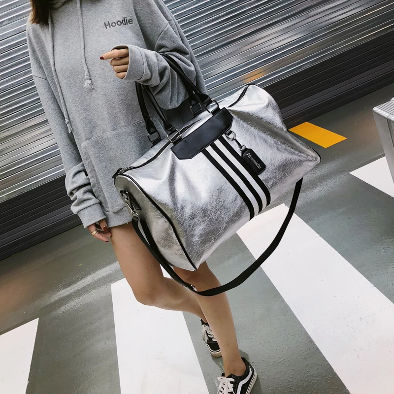 Women PU Soft Leather Fitness Gym Bags For Men Striped Training Shoulder Sport Bag Handbag Traveling Bag