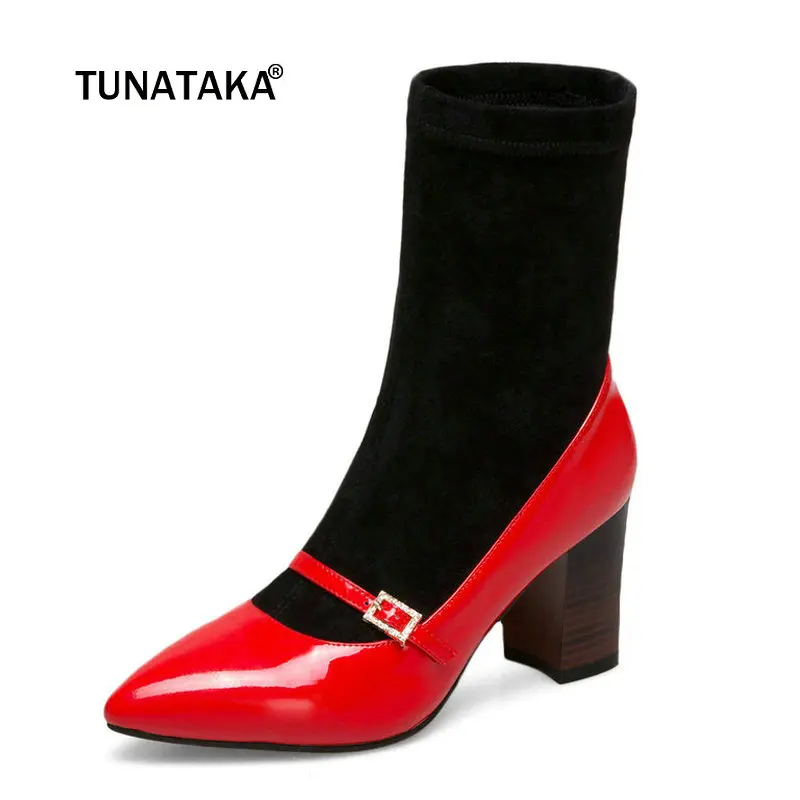 

Female Genuine Leather Comfort Thick Heel Buckle Ankle Boots Fashion Mixed Colors Women Fall Winter Stretch Bootis Black Red