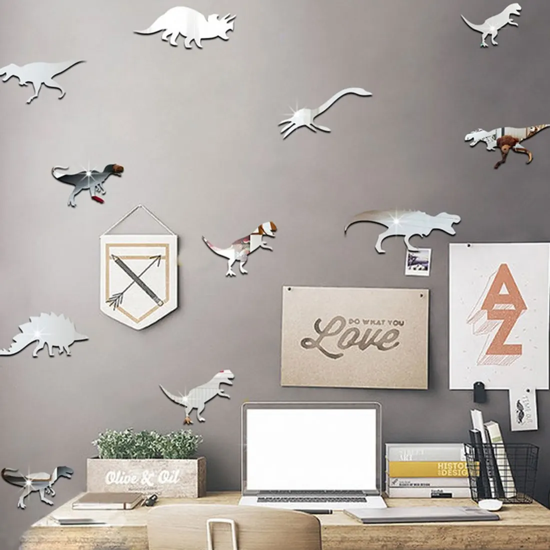 

Cartoon Dinosaur Cute Mirror Surface Wall Sticker Home Decor Children Room Wall Decal Baby Animal Vinyl Removable Sticker