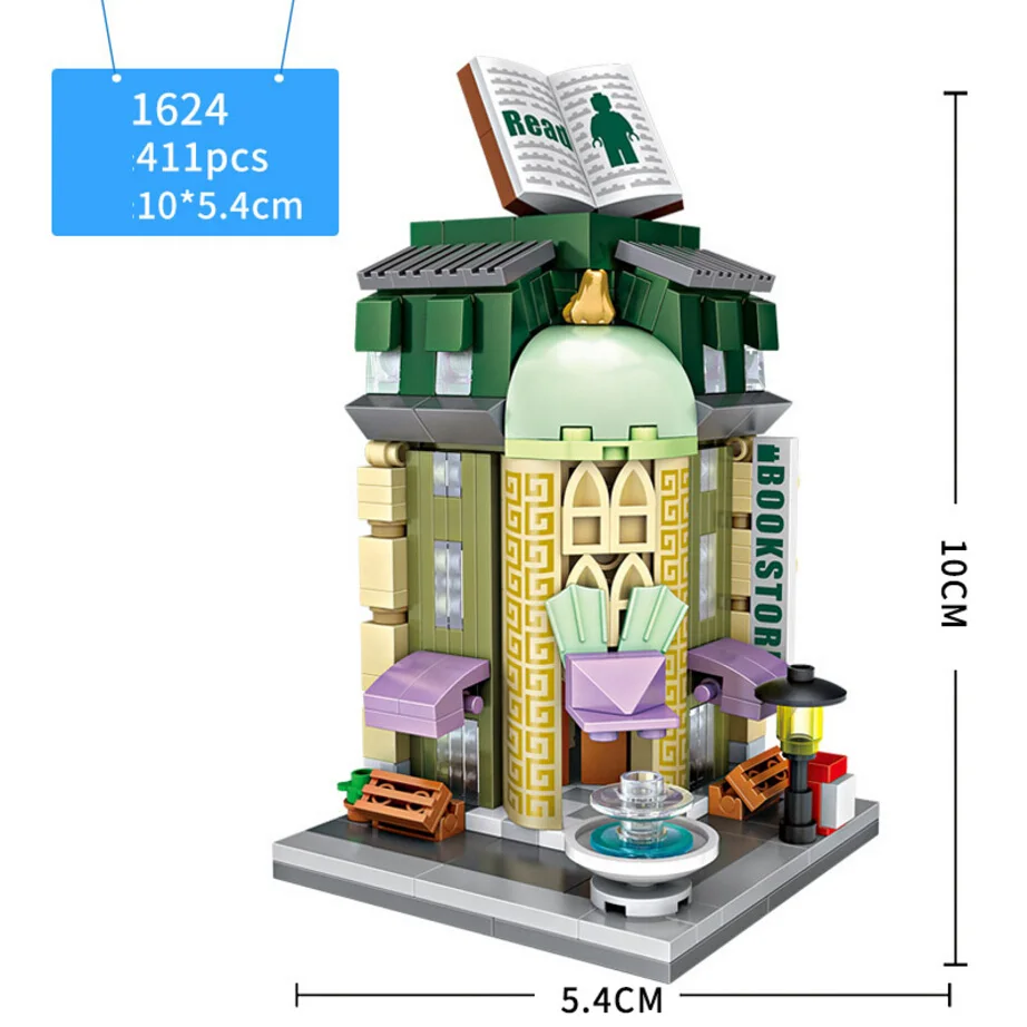 Забавный вид на улицу города мини-блок колы торт магазин музыкальный инструмент магазин книжный магазин строительный конструктор развивающий игрушки для детей подарок - Цвет: bookstore