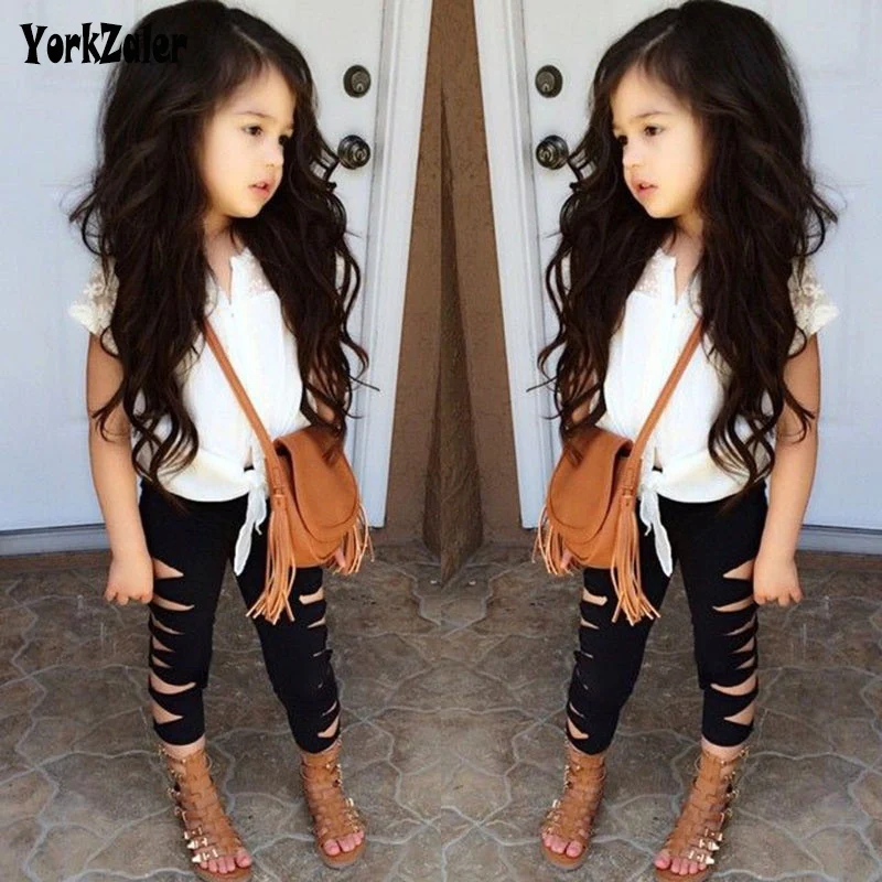 Yorkzaler Одежда для девочек набор кружева топы с короткими рукавами+ черные штаны с дырками 2 шт. детская одежда летняя одежда для малышей наряды дропшиппинг