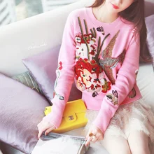 Женский свитер модный пуловер с круглым вырезом настоящий ограниченный весенний тяжелый штамп с вышитым бриллиантом круглым воротником вязаный кролик