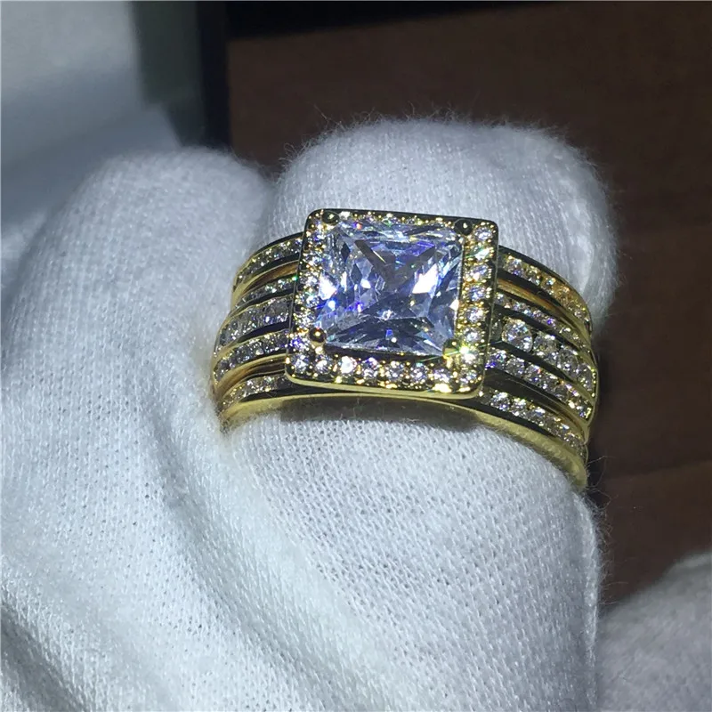 Vecalon Princess cut 3 в 1 набор колец с желтым золотом 925 серебро 5A Циркон Cz обручальное кольцо кольца для мужчин и женщин подарок