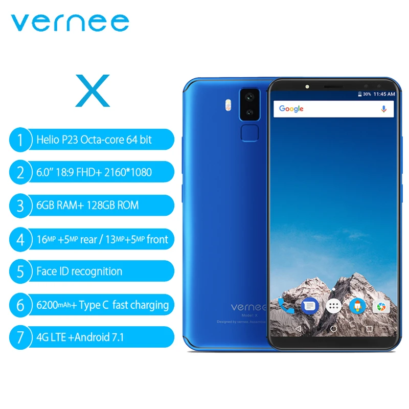 Vernee x 6.0 &quot18:9 экран Android 7.1 6 г ОЗУ 128 ROM мобильный телефон MT6763 6200 мАч Octa core четырьмя