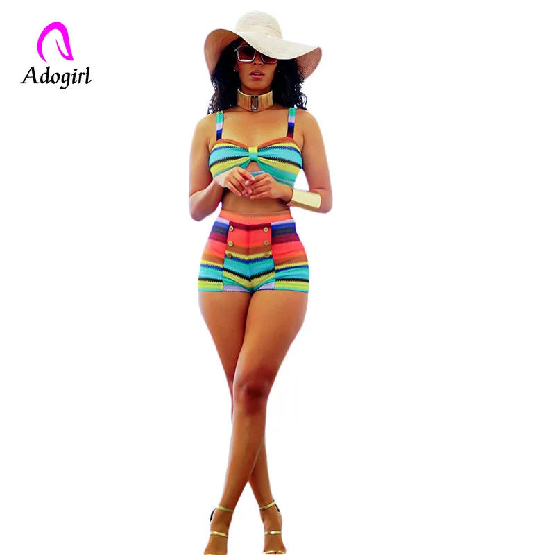 

Adogirl Stripe Women Sexy 2 Piece Set Hot Shorts Set Summer Beach Colorful Rainbow Stripe Bow Crop Top + Shorts Swimwear Outfits