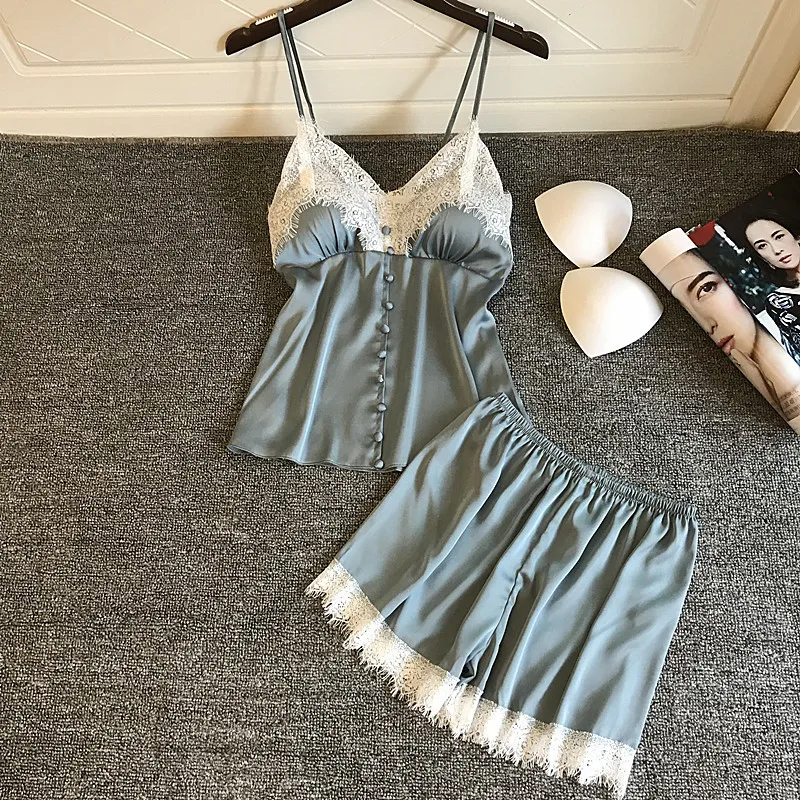 

Women Summer pajamas New Shorts Sexy Nightwear Two-piece Satin Pajamas Set Silk Home suit Chest Pad sleepwear