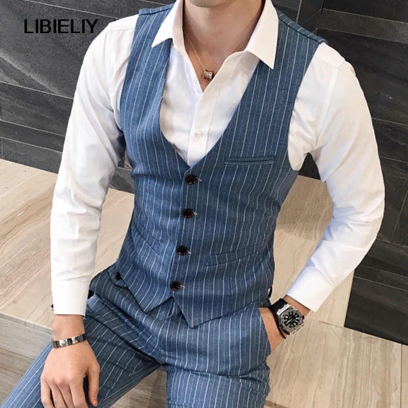 

Quality Mens Dress Vest British Style Stripe Slim Fit Chaleco Hombre Men Vest Single Breasted Casual Gilet Waistcoat Men 5XL-M